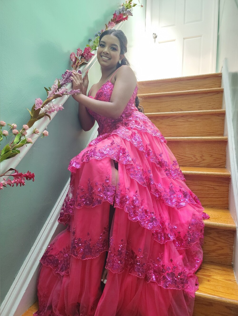 A-line Corset Tiered Ruffle Slit Prom Dress with Appliqued Sequins